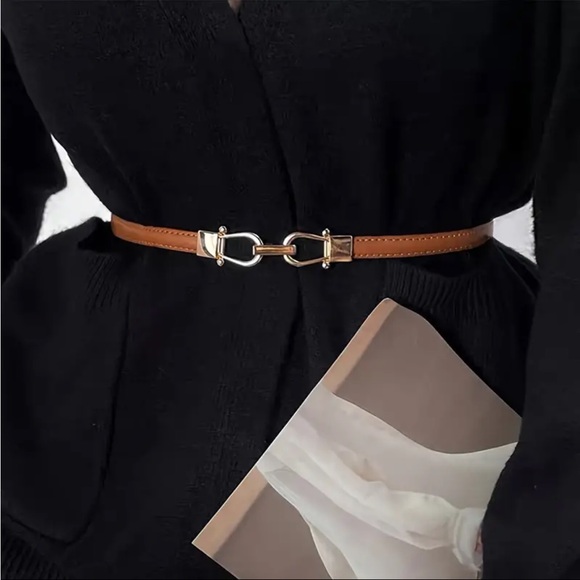 Stylish PU Leather Thin Belt Metal Simple Hook Buckle Adjustable Waist Band - Picture 4 of 5
